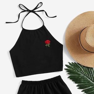 SHEIN Rose Embroidered Tie Back Halter Top